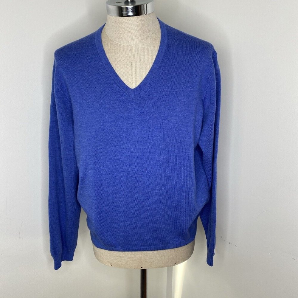Brooks Brothers Mens Merino Wool Sweater Sz L Blue V Neck Pull Over